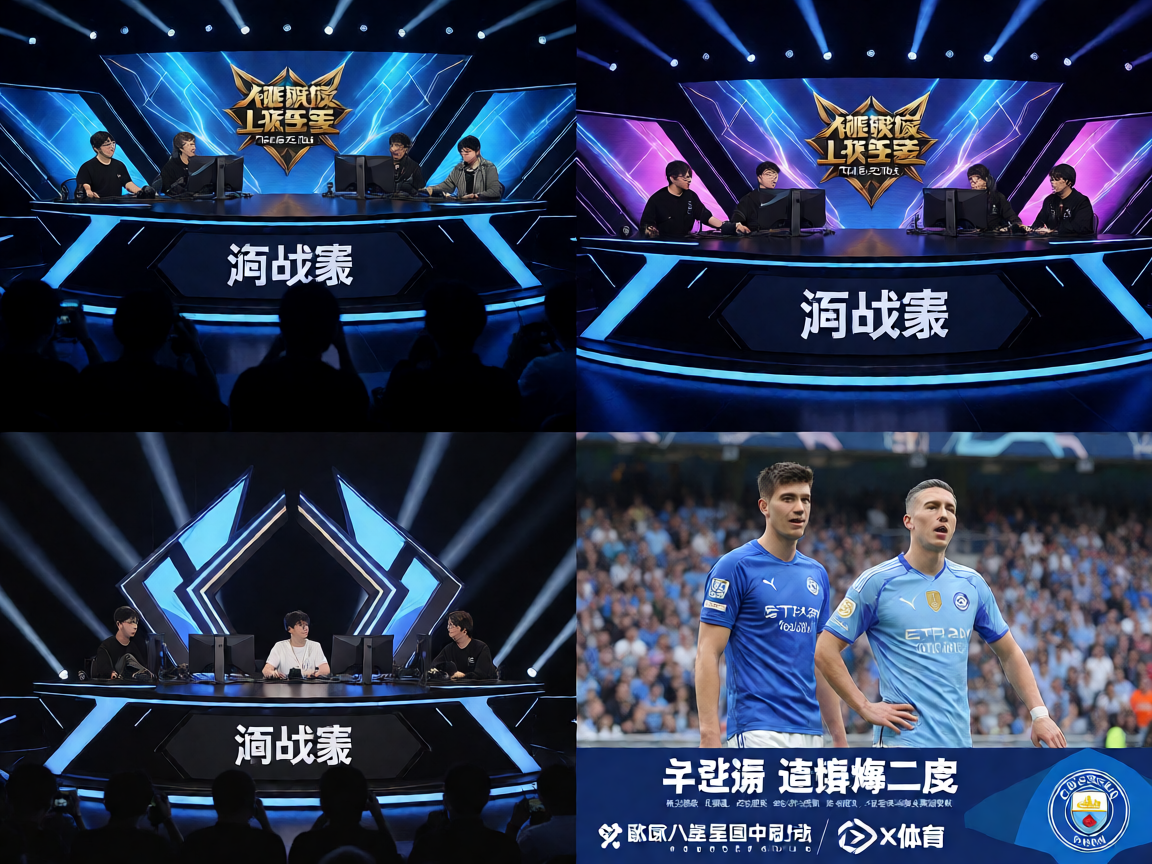 电竞赛事现场，选手在舞台上进行英雄联盟比赛